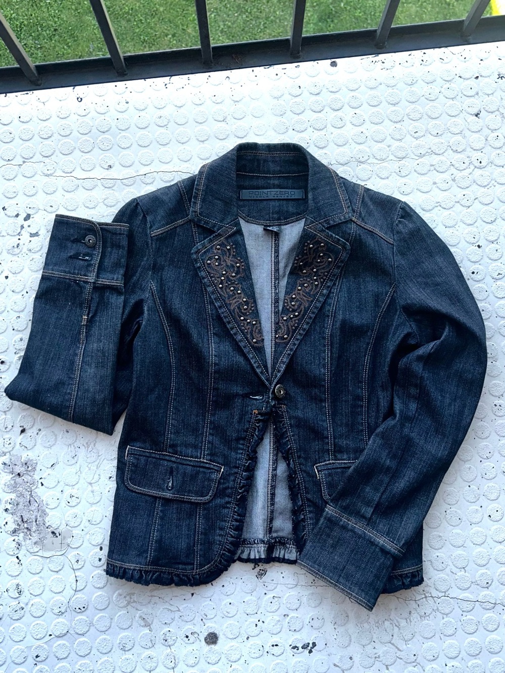 Point Zero Dark Blue Embellished Denim Jacket
